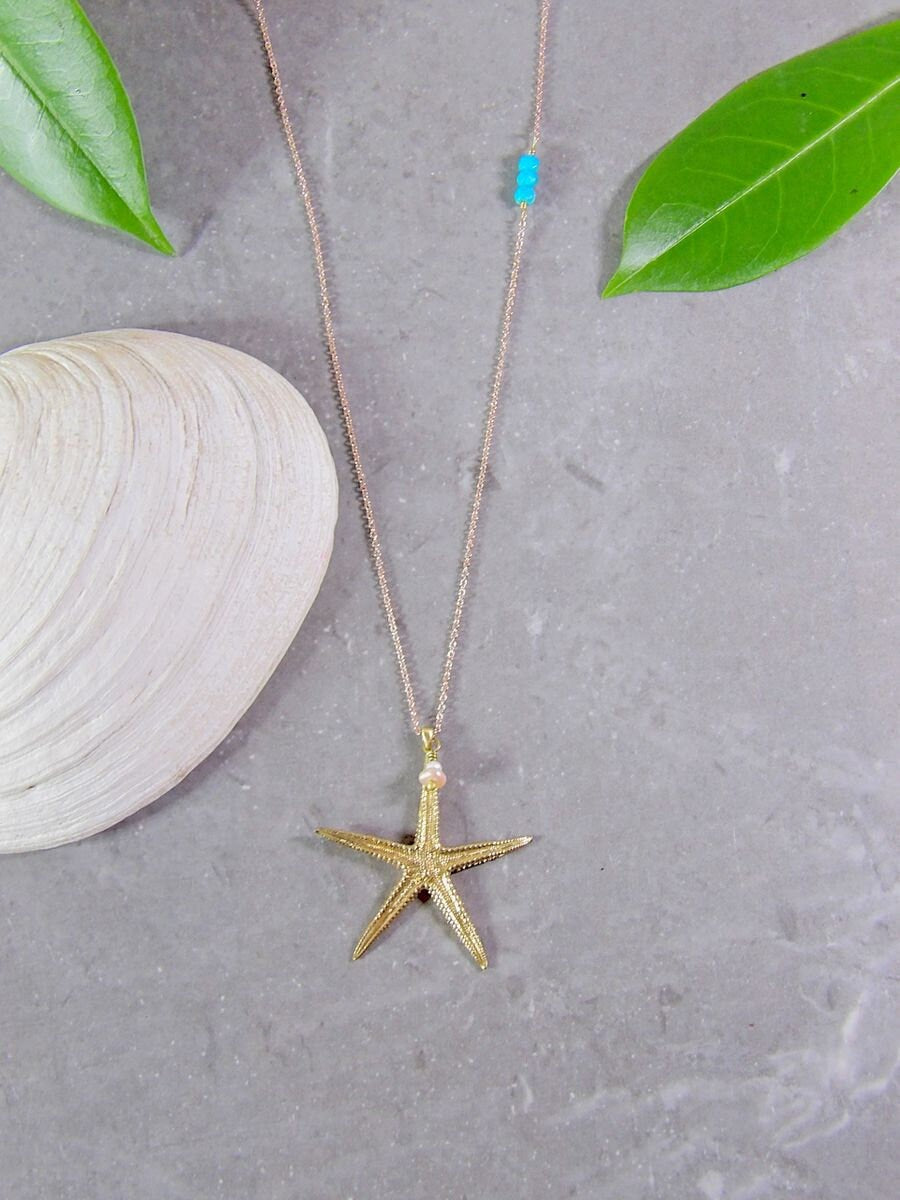 Starfish Necklace With Nacozari Turquoise & Pearl Accent | Artisan Boho Jewelry