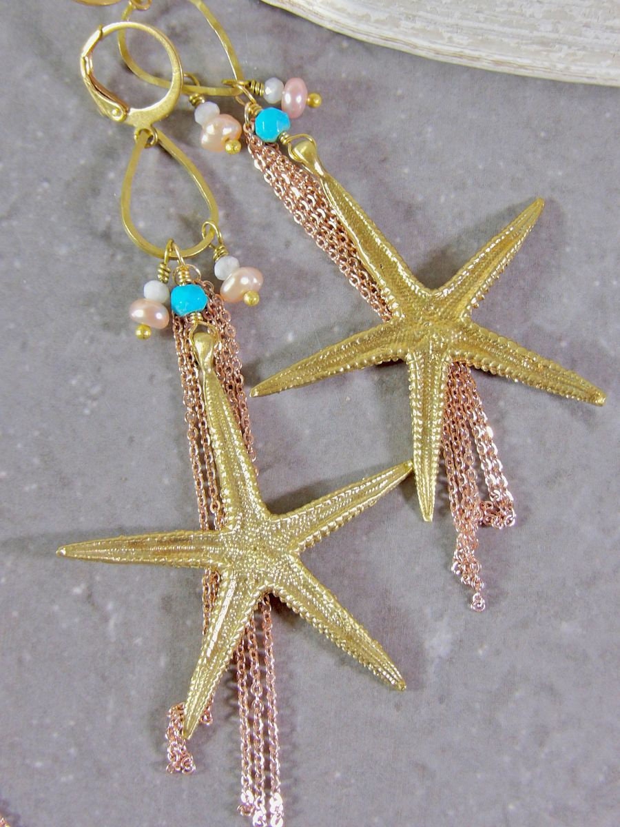 Starfish Earrings With Nacozari Turquoise & Pearls | Artisan Boho Chic Jewelry