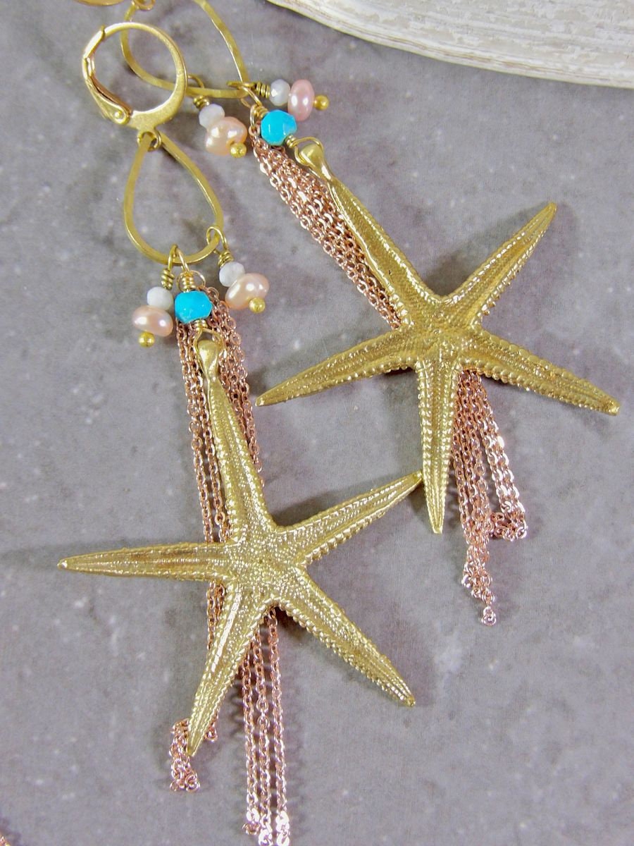 Starfish Earrings With Nacozari Turquoise & Pearls | Artisan Boho Chic Jewelry