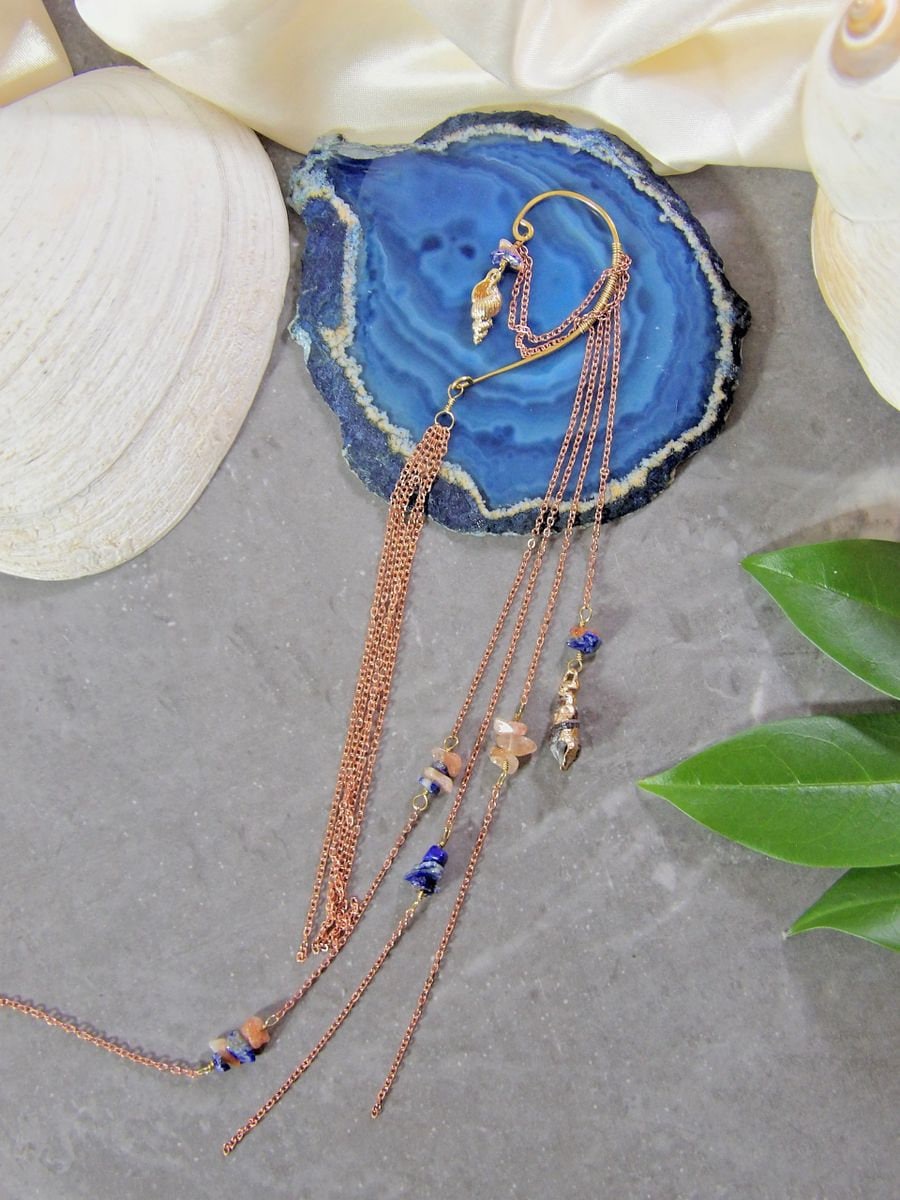 Ear Wrap With Lapis , Sunstone & Shell Charms | Hippie Jewelry | Sirencore Ear Cuff With Chains | Whimsigoth Bohemian Jewelry | Gift For Her