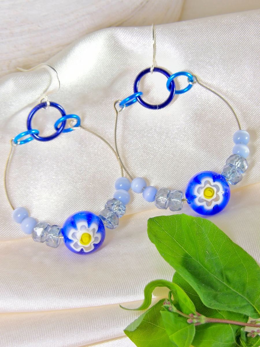 Beaded Hoop Earring With Blue Millefiori | Artisan Bohemian Jewelry