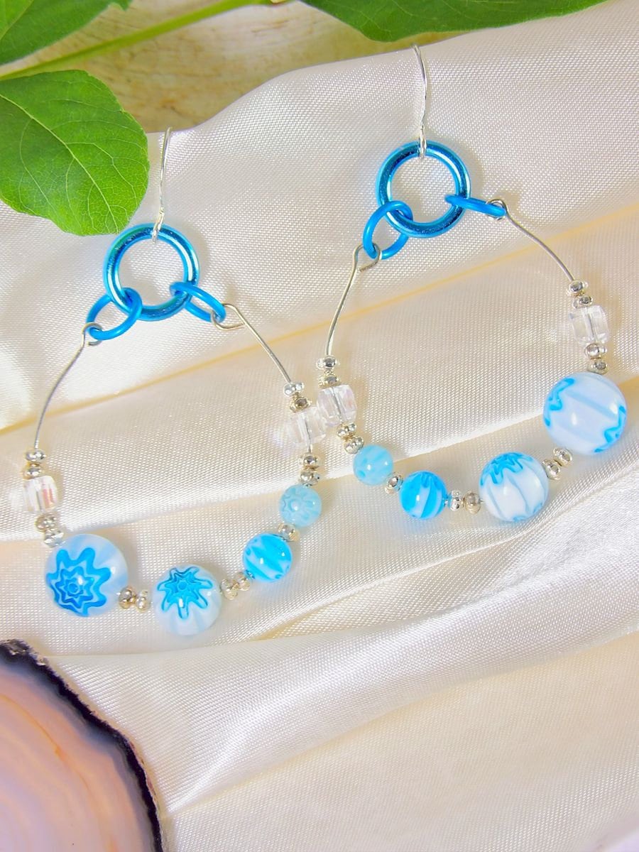 Beaded Hoop Earrings With Light Blue Millefiori | Artisan Boho Jewelry