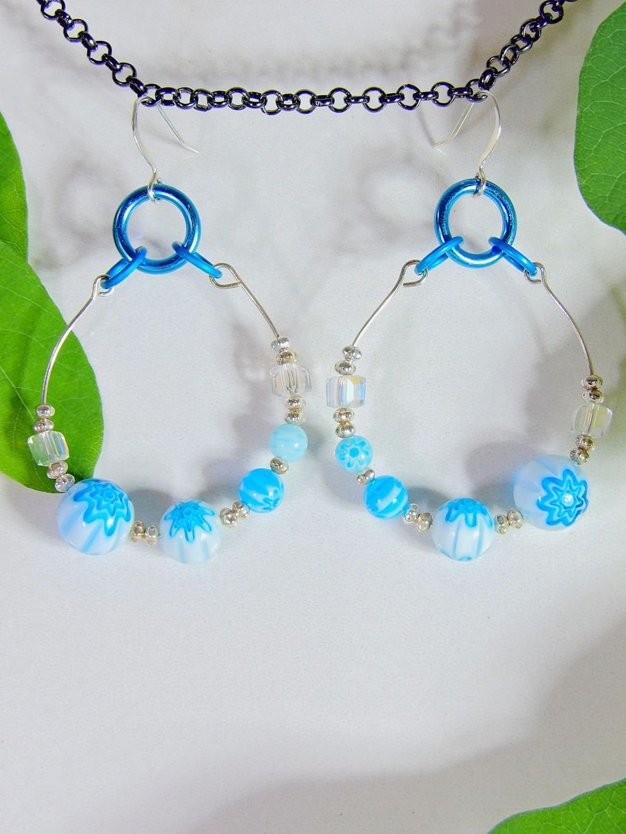 Beaded Hoop Earrings With Light Blue Millefiori | Artisan Boho Jewelry