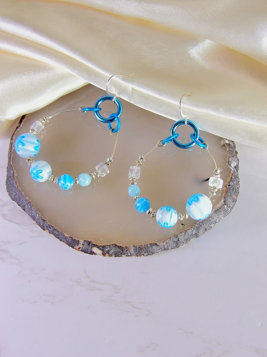 Beaded Hoop Earrings With Light Blue Millefiori | Artisan Boho Jewelry
