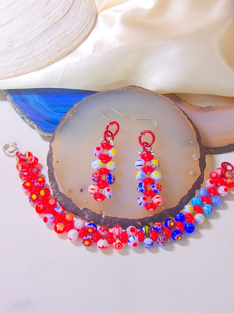 Beaded Millefiori Set Red & Blue