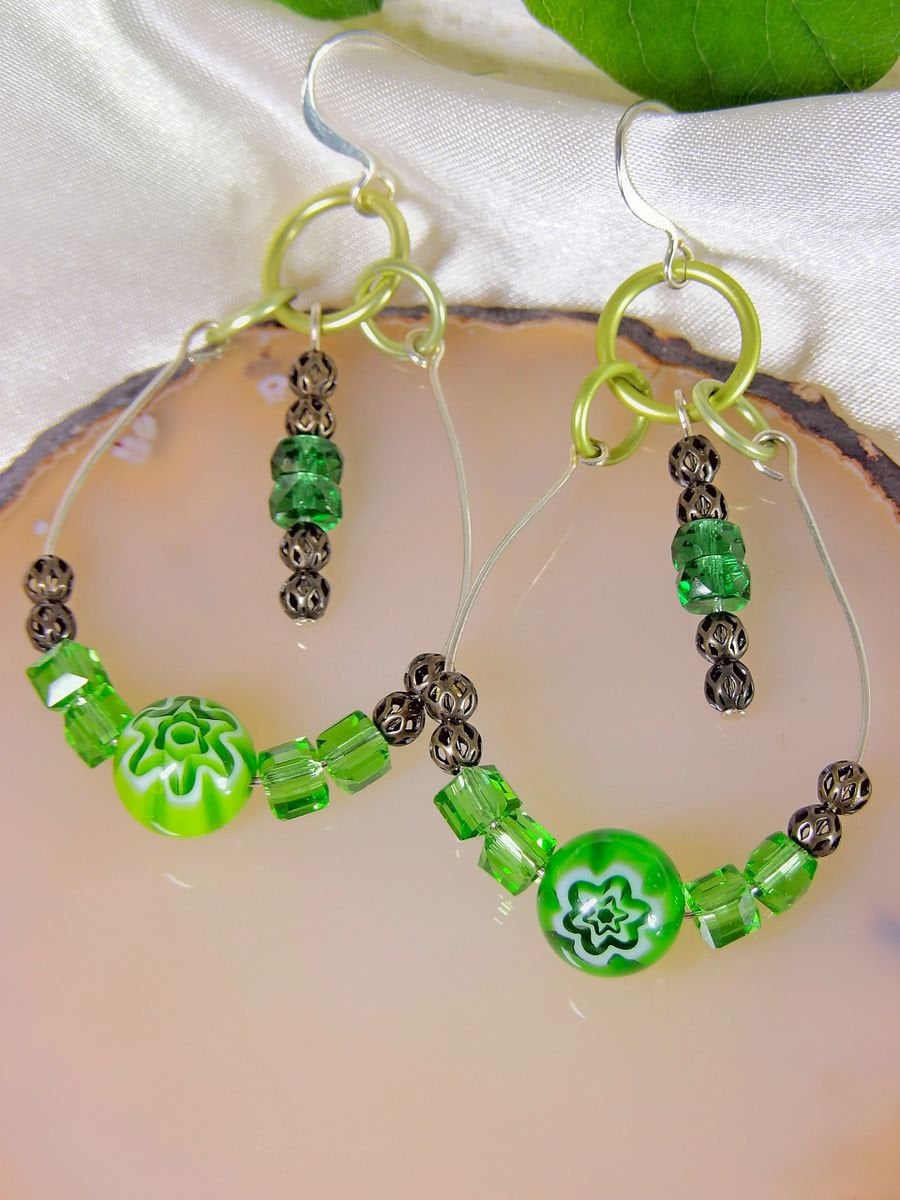 Boho Beaded Teardrop Earrings With Green Millefiori & Crystals | Beaded Hoop Earrings | Hippie Jewelry | Handmade Bohemian Jewelry