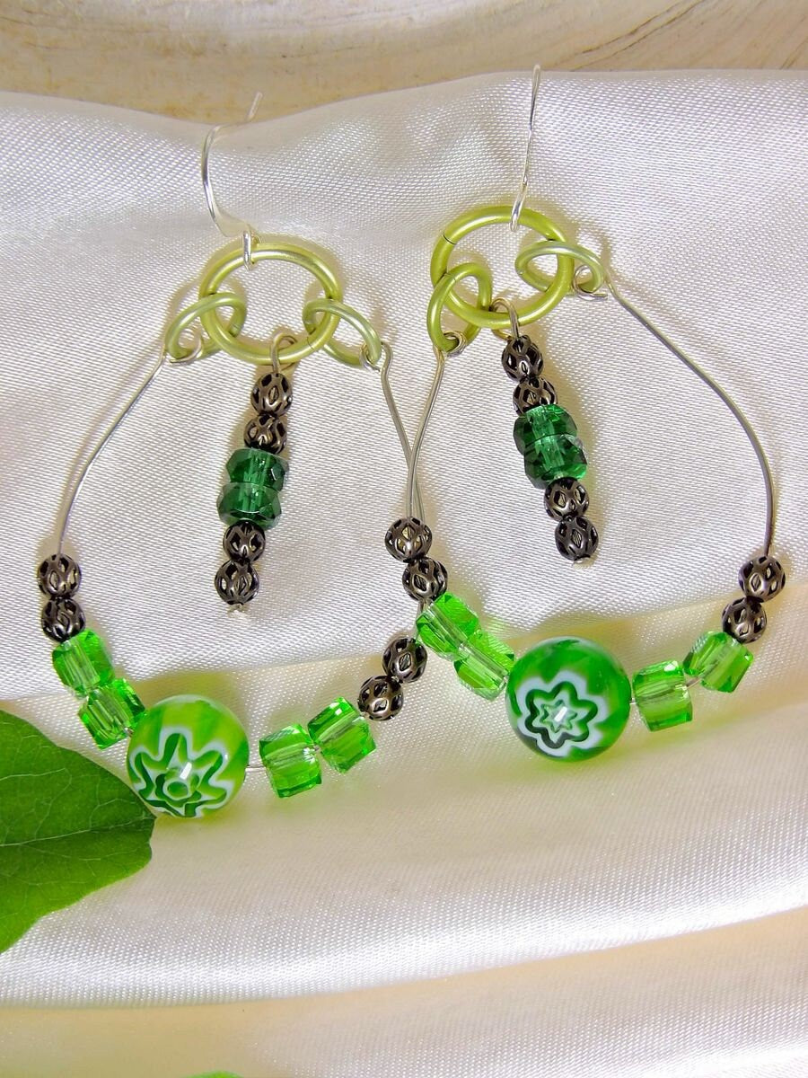 Boho Beaded Teardrop Earrings With Green Millefiori Crystals Beetle Bee Designs