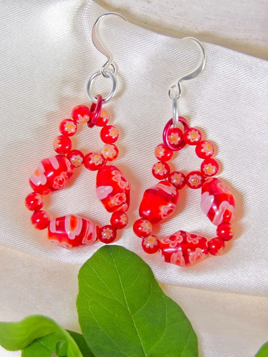 Boho Red Beaded Millefiori Earrings | Hippie Jewelry Beadwork | One Of A Kind Made In USA | Artisan Handmade Jewelry | Gift For Her