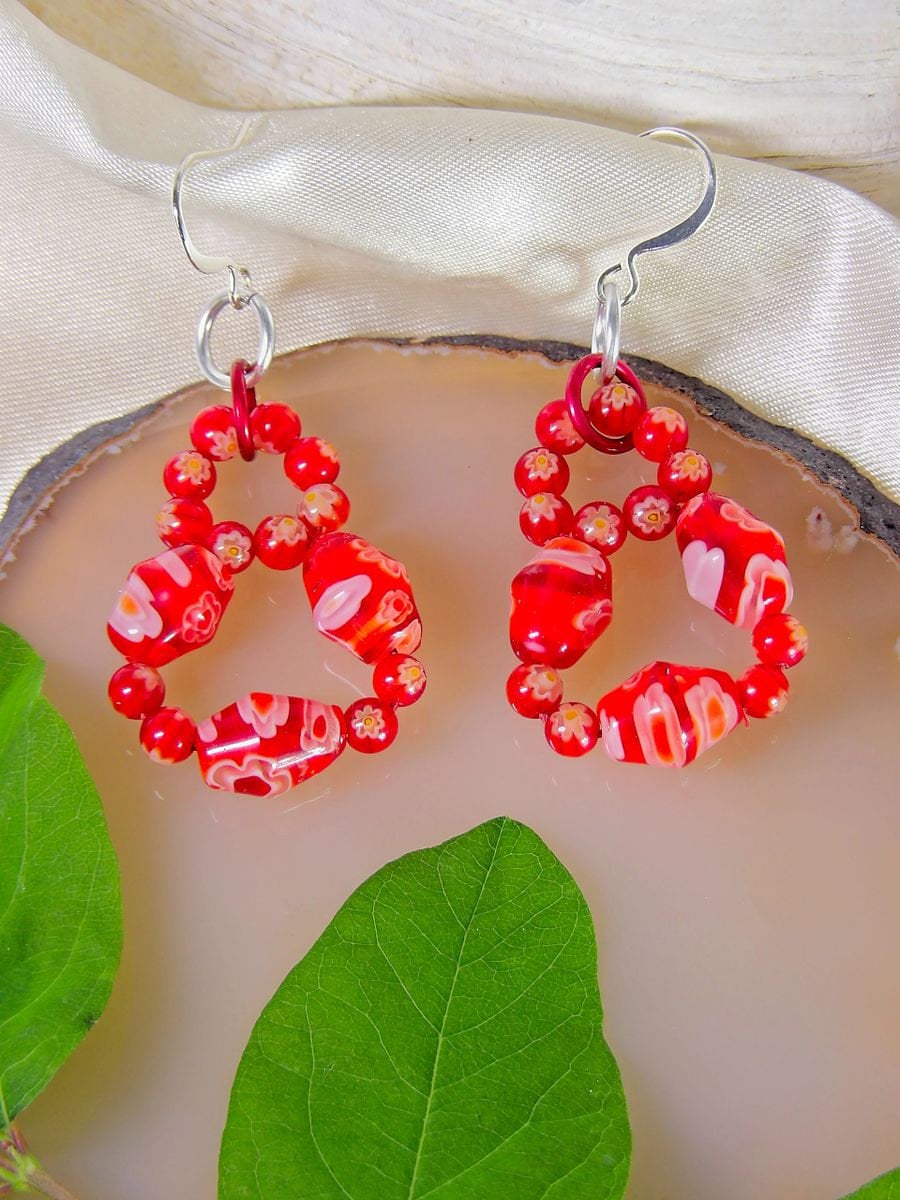Boho Red Beaded Millefiori Earrings | Hippie Jewelry Beadwork | One Of A Kind Made In USA | Artisan Handmade Jewelry | Gift For Her