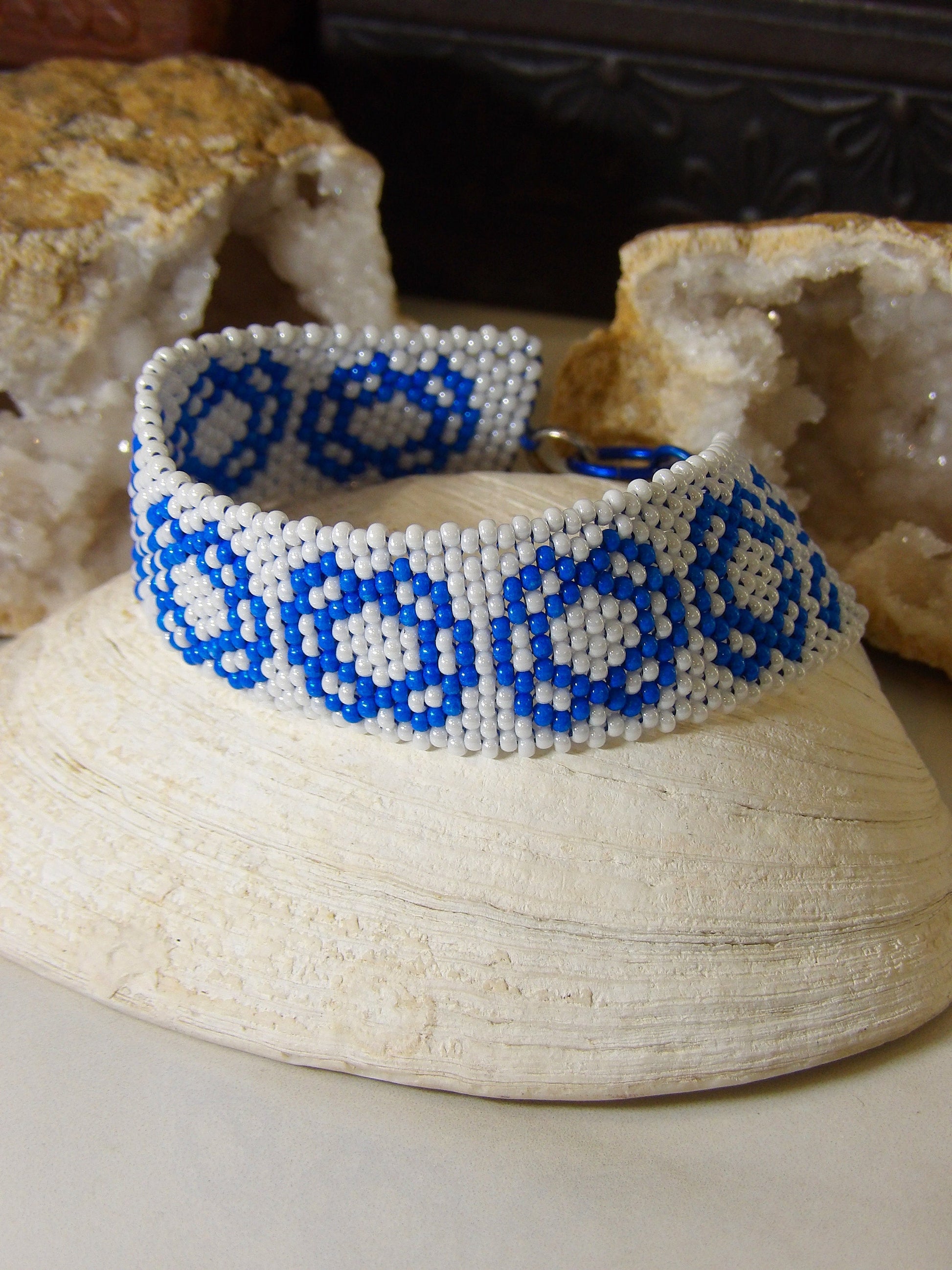 Boho Seed Bead Cuff Bracelet With Blue Folk Flowers | Handwoven Beadwork | Handmade Bohemian Jewelry | Artisan Jewelry Made In USA