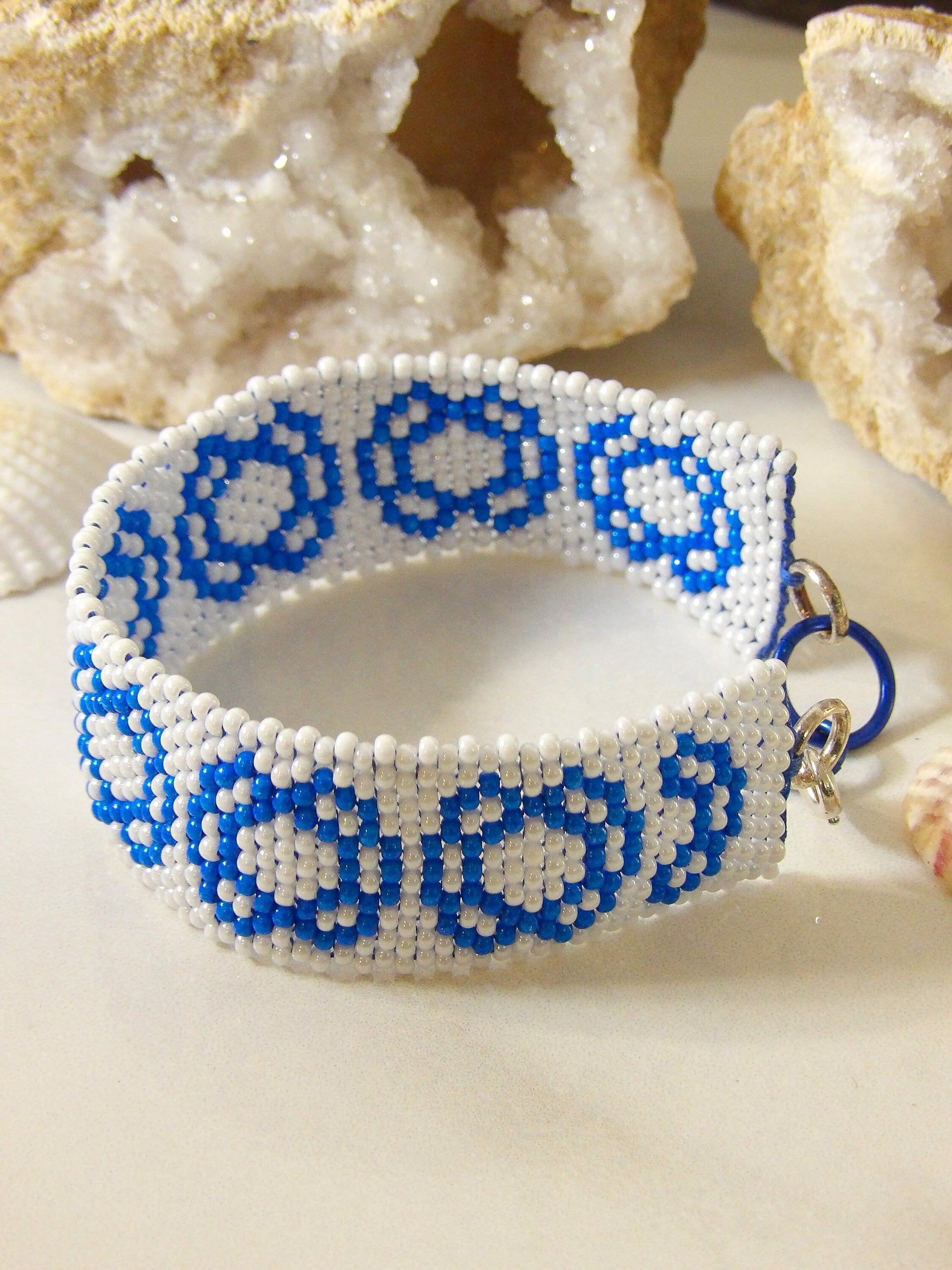 Boho Seed Bead Cuff Bracelet With Blue Folk Flowers | Handwoven Beadwork | Handmade Bohemian Jewelry | Artisan Jewelry Made In USA