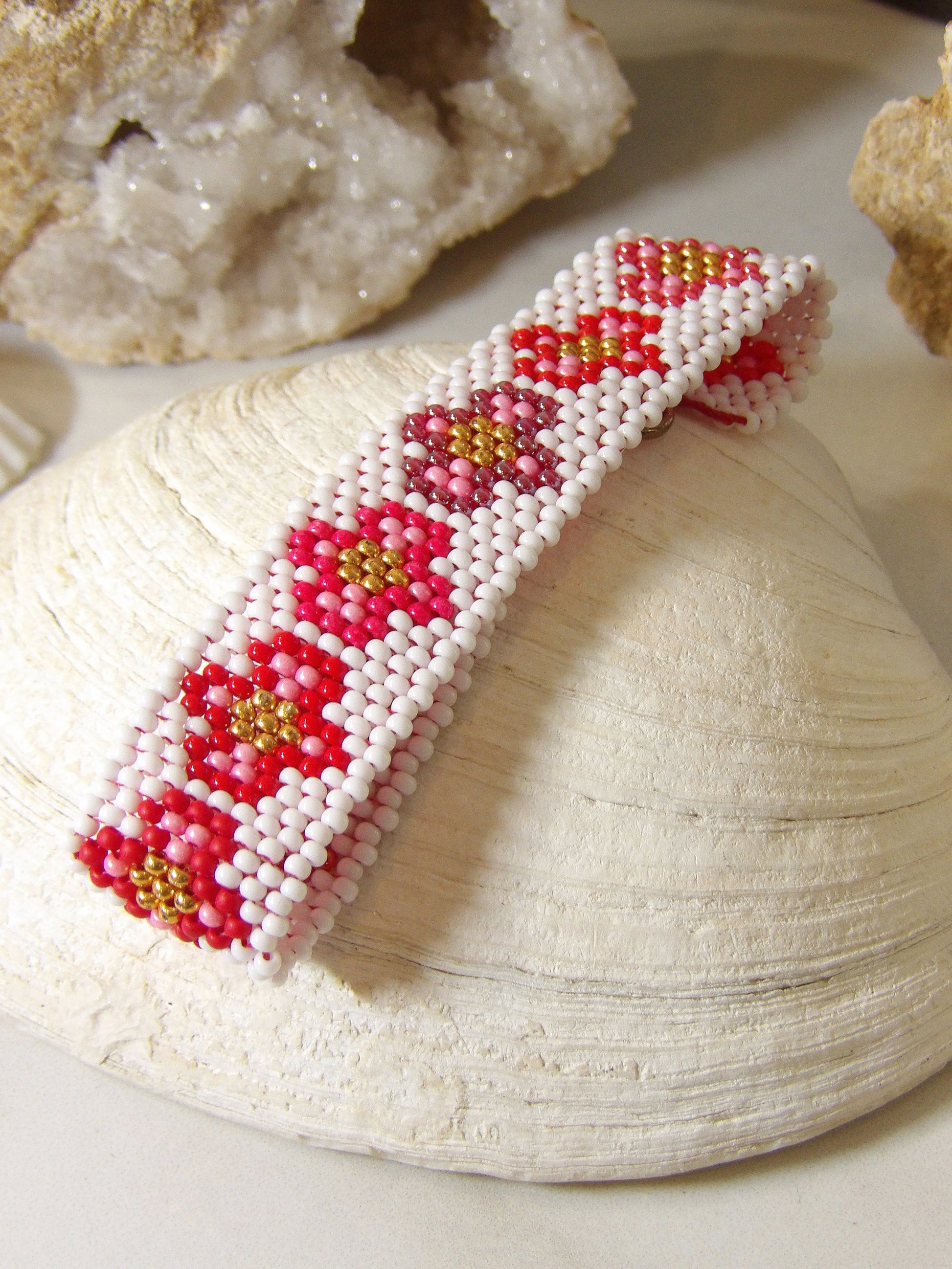 Boho Seed Bead Cuff Bracelet - Cross Flowers | Handmade Bohemian Jewelry | Hippie Jewelry | Handwoven Beadwork Made In USA