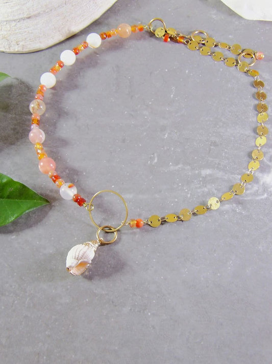 Shell Choker Necklace With Agate & Carnelian | Half Chain Necklace | Agate Jewelry | Carnelian Jewelry | Artisan Boho Jewelry | Gift For Her