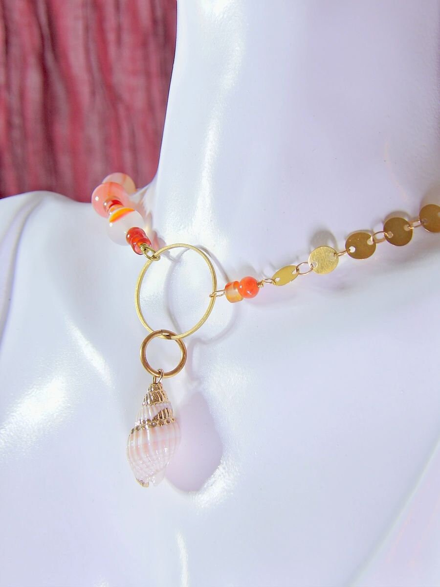 Shell Choker Necklace With Agate & Carnelian | Half Chain Necklace | Agate Jewelry | Carnelian Jewelry | Artisan Boho Jewelry | Gift For Her
