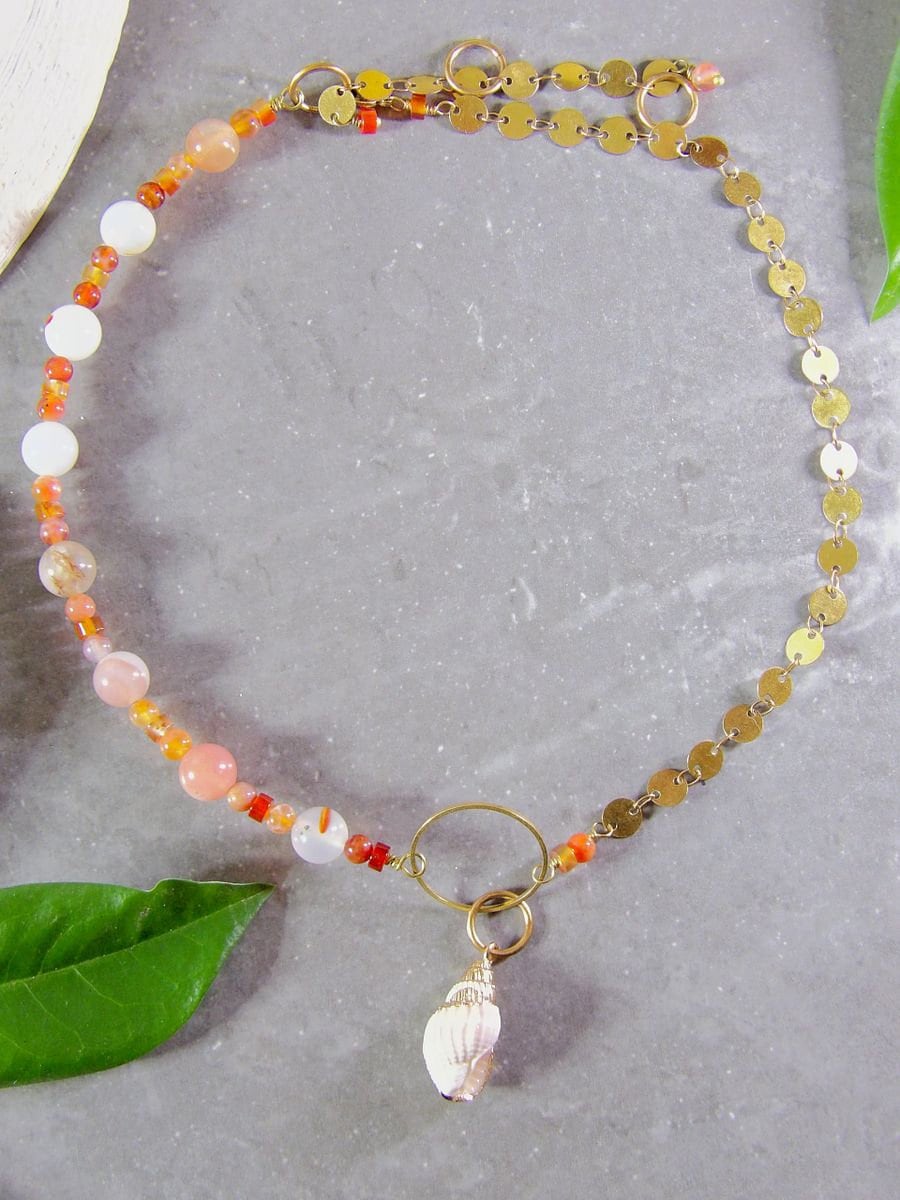 Shell Choker Necklace With Agate & Carnelian | Half Chain Necklace | Agate Jewelry | Carnelian Jewelry | Artisan Boho Jewelry | Gift For Her
