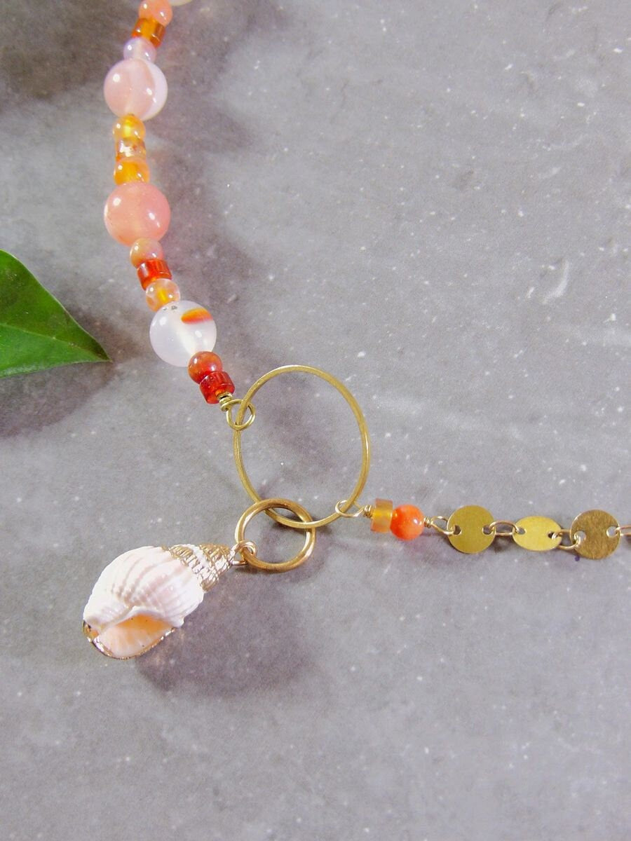 Shell Choker Necklace With Agate & Carnelian | Half Chain Necklace | Agate Jewelry | Carnelian Jewelry | Artisan Boho Jewelry | Gift For Her
