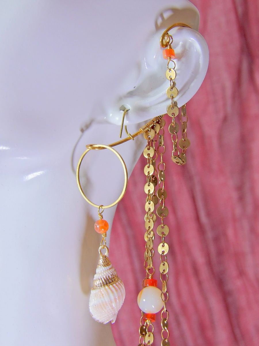 Ear Wrap With Brass Sequin Chains, Agate & Carnelian | Ear Cuff No Piercing | Chain Ear Cuff | Artisan Boho Jewelry | Gift For Her