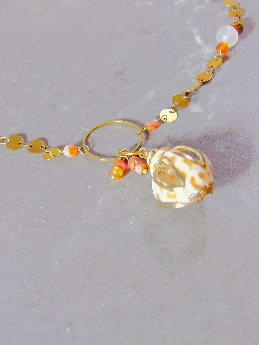 Shell Pendant Choker Necklace | Sequin Coin Chain | Montana Agate Jewelry | Carnelian Jewlery | Artisan Boho Jewelry | Unique Gift For Her