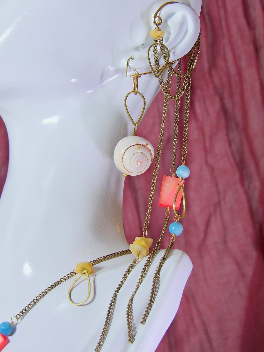 Ear Wrap Cuff With Larimar Quartz, Mother Of Pearl, Yellow Jade & Shell | Artisan Bohemian Jewelry