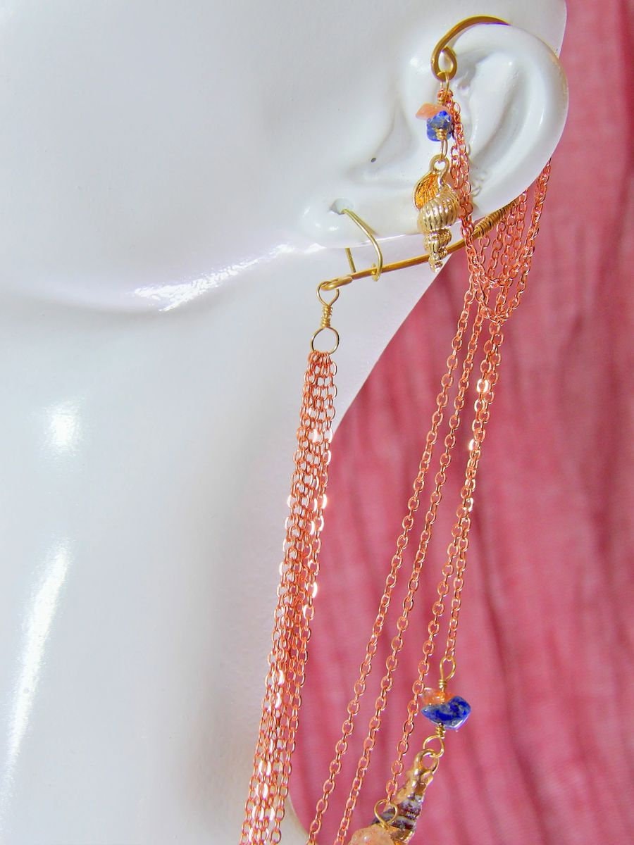 Ear Wrap With Lapis , Sunstone & Shell Charms | Hippie Jewelry | Sirencore Ear Cuff With Chains | Whimsigoth Bohemian Jewelry | Gift For Her