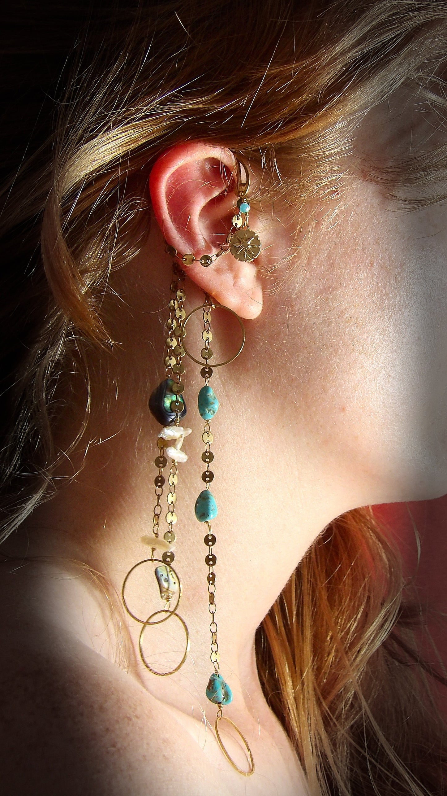 Ear Wrap With Turquoise, Pearl & Abalone | Hippie Jewelry | Sirencore Ear Cuff With Chains | Whimsigoth Bohemian Jewelry | Gift For Her
