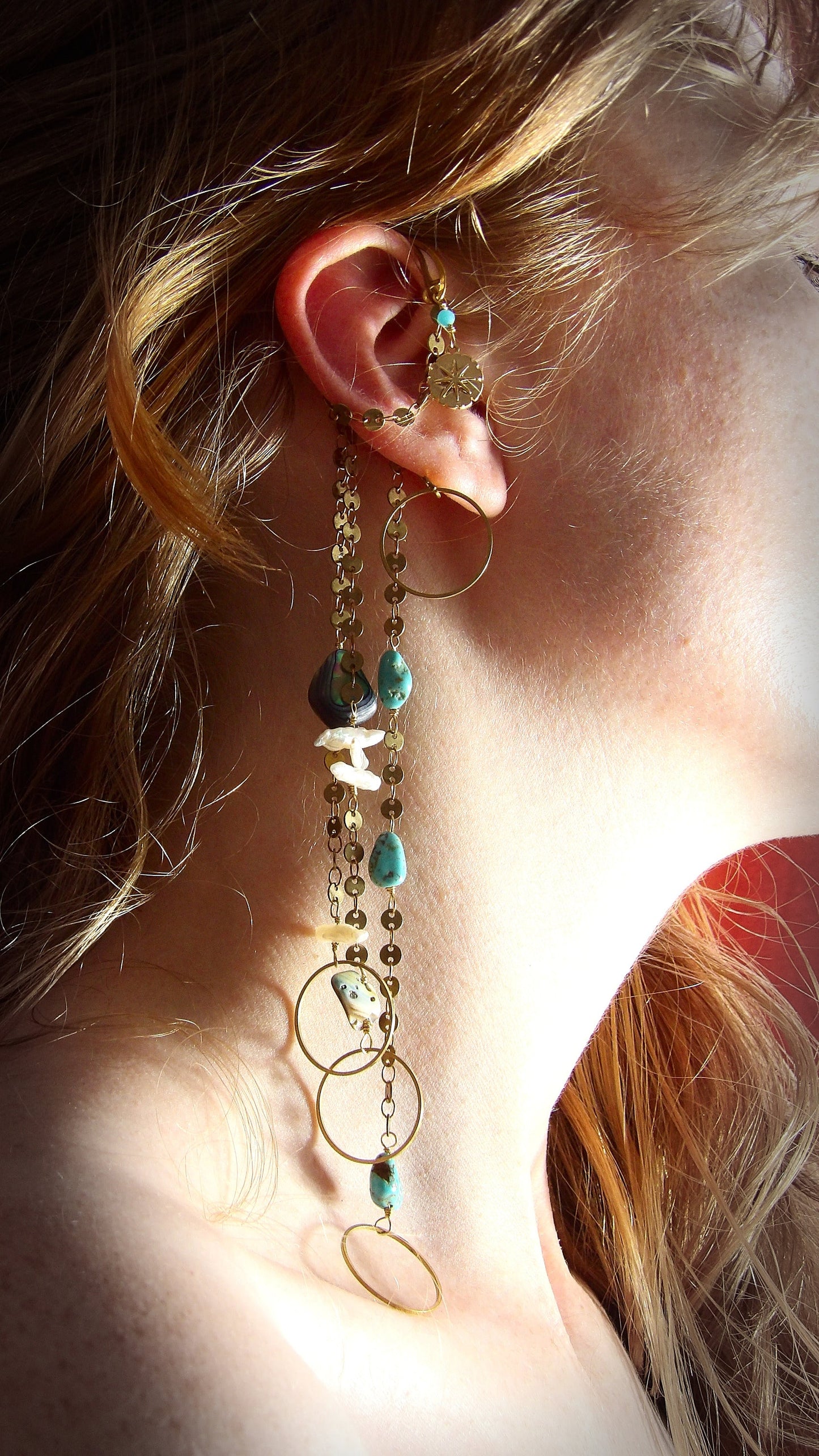 Ear Wrap With Turquoise, Pearl & Abalone | Hippie Jewelry | Sirencore Ear Cuff With Chains | Whimsigoth Bohemian Jewelry | Gift For Her