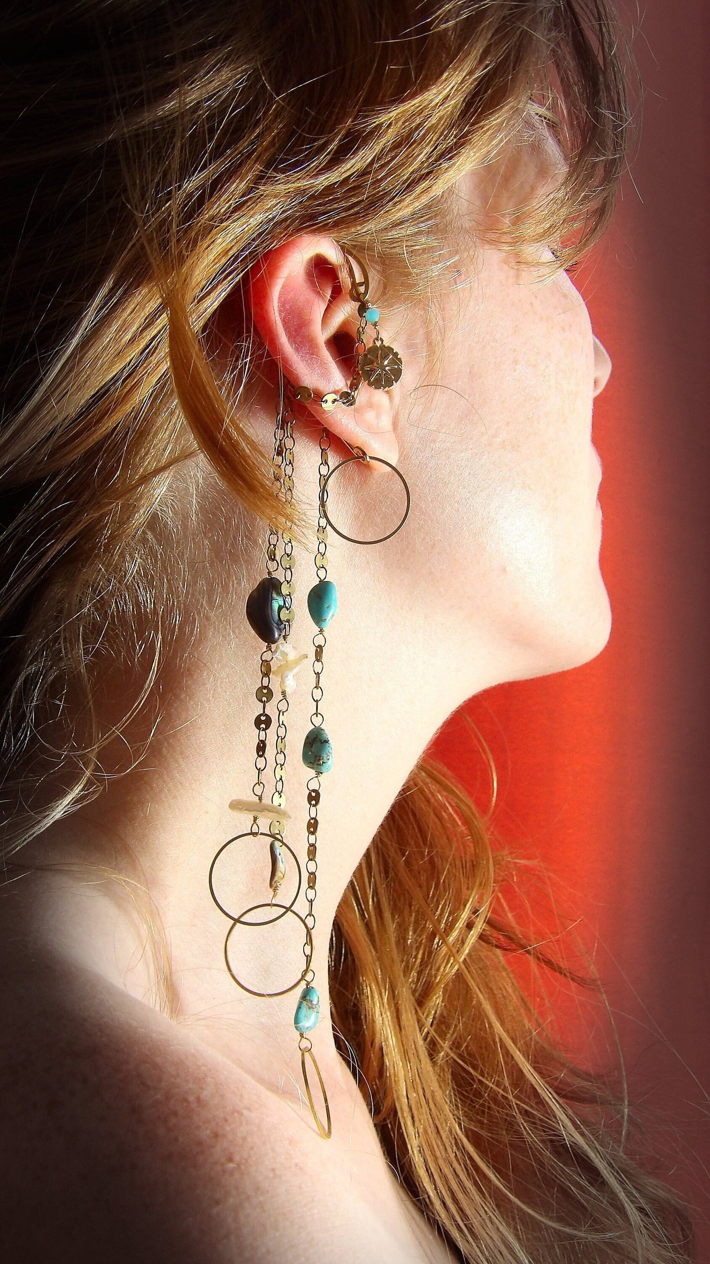 Ear Wrap With Turquoise, Pearl & Abalone | Hippie Jewelry | Sirencore Ear Cuff With Chains | Whimsigoth Bohemian Jewelry | Gift For Her