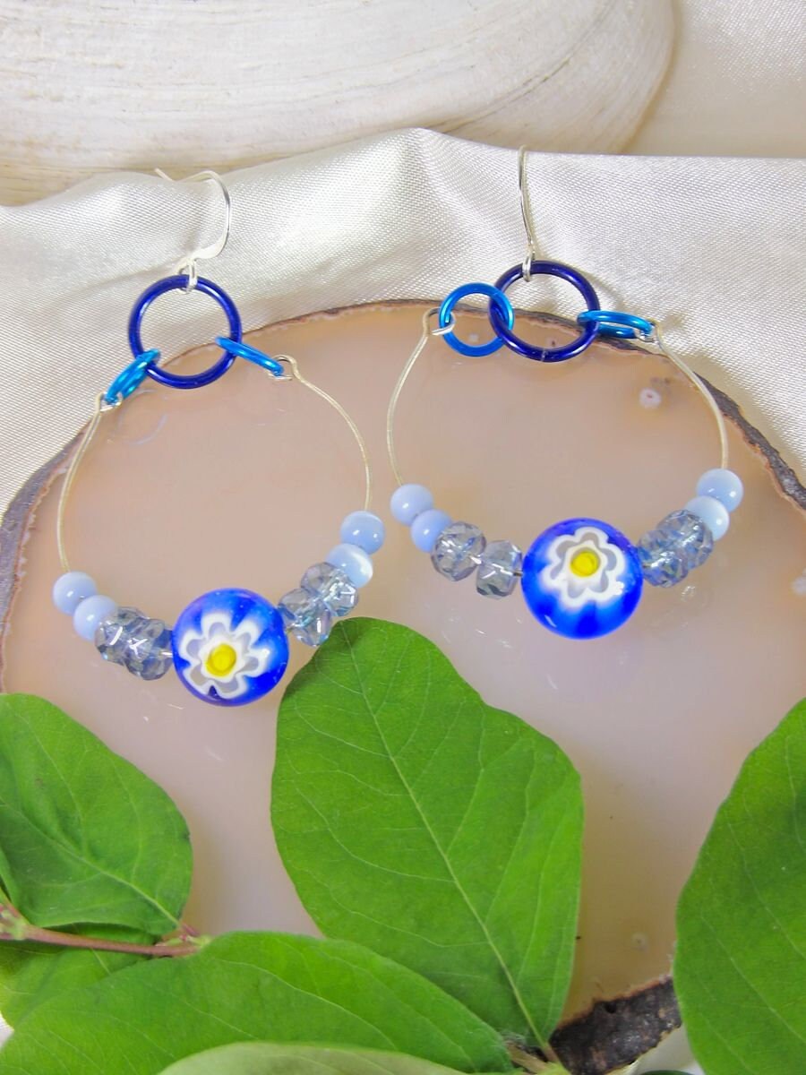 Beaded Hoop Earring With Blue Millefiori | Artisan Bohemian Jewelry