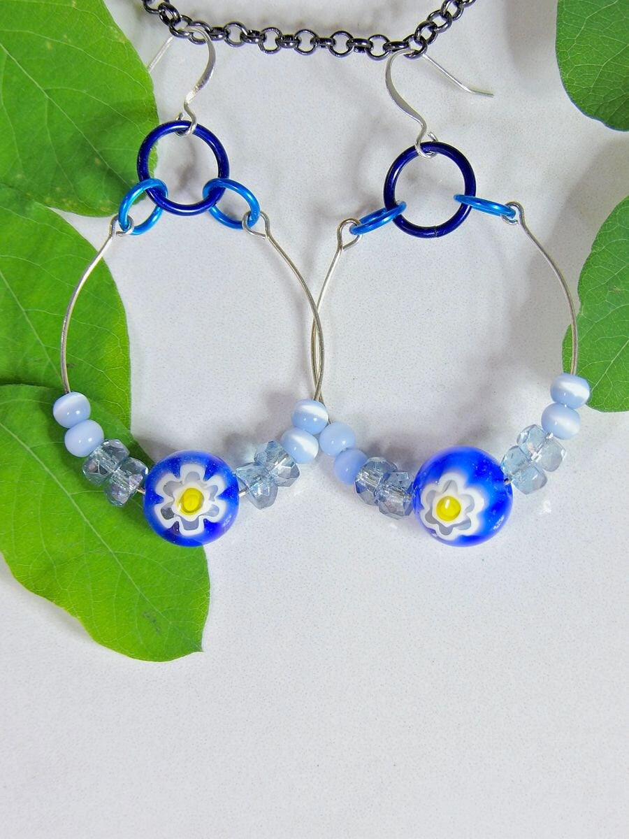 Beaded Hoop Earring With Blue Millefiori | Artisan Bohemian Jewelry