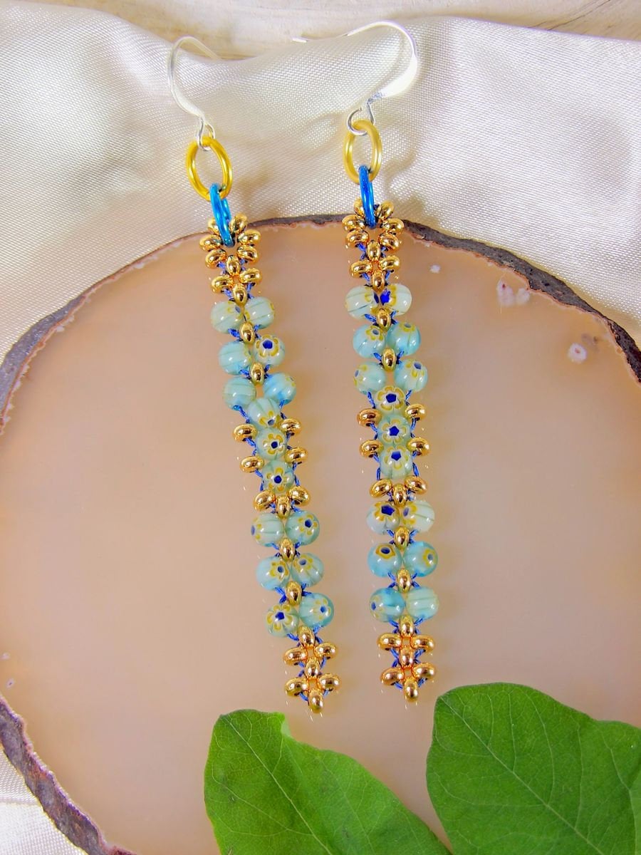 Linear Beaded Millefiori Earrings In Blue And Gold - Handwoven Bohemian Jewelry