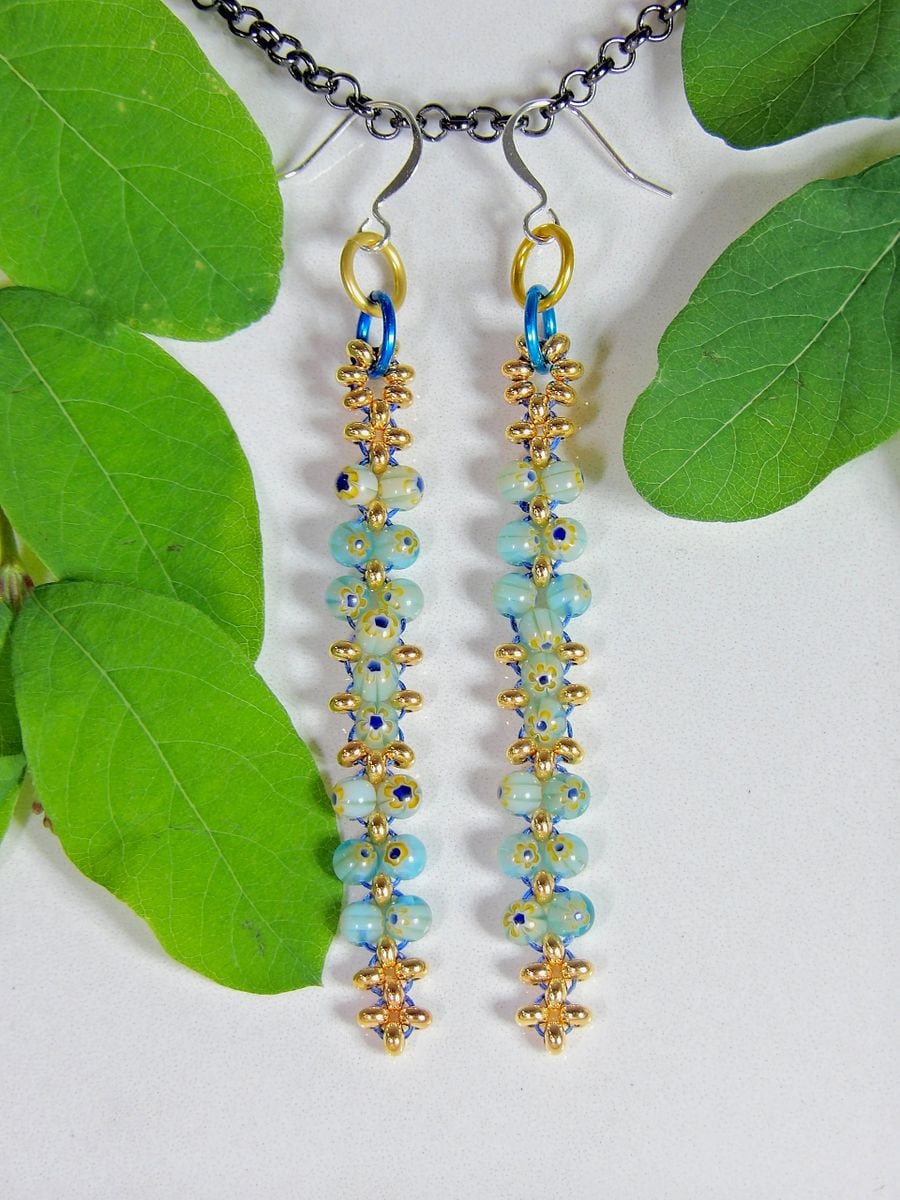 Linear Beaded Millefiori Earrings In Blue And Gold - Handwoven Bohemian Jewelry