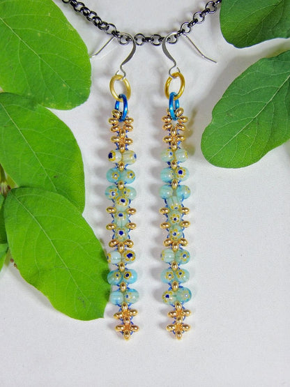 Linear Beaded Millefiori Earrings In Blue And Gold - Handwoven Bohemian Jewelry