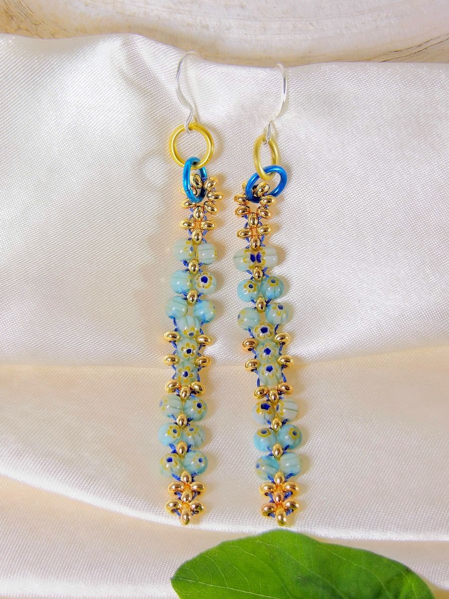 Linear Beaded Millefiori Earrings In Blue And Gold - Handwoven Bohemian Jewelry