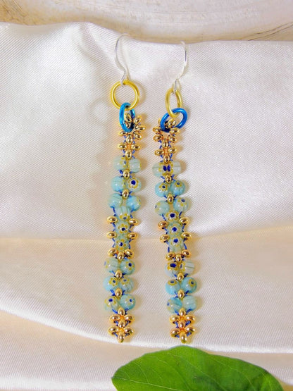 Linear Beaded Millefiori Earrings In Blue And Gold - Handwoven Bohemian Jewelry