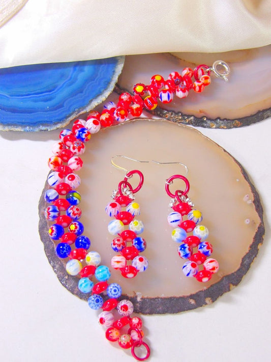 Beaded Millefiori Set Red & Blue