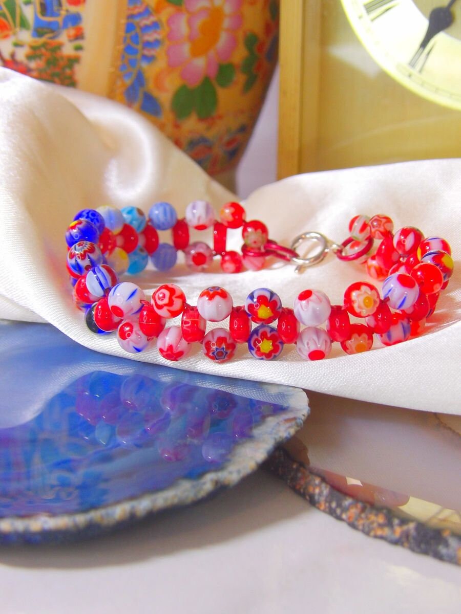 Beaded Millefiori Set Red & Blue