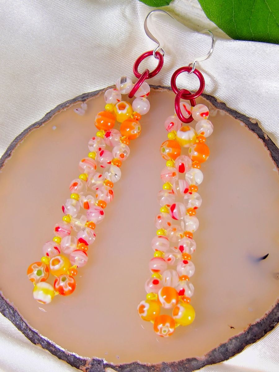 Boho Beaded Earrings With Orange Millefiori Glass Beads | Hippie Jewelry | Artisan Handmade Jewelry | Beadwork Hand Stitched | One Of A Kind