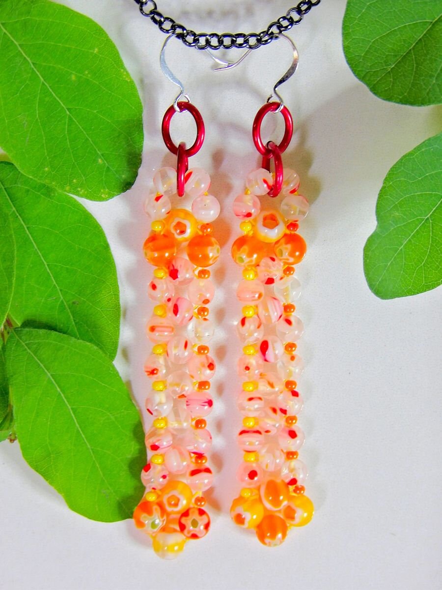 Boho Beaded Earrings With Orange Millefiori Glass Beads | Hippie Jewelry | Artisan Handmade Jewelry | Beadwork Hand Stitched | One Of A Kind