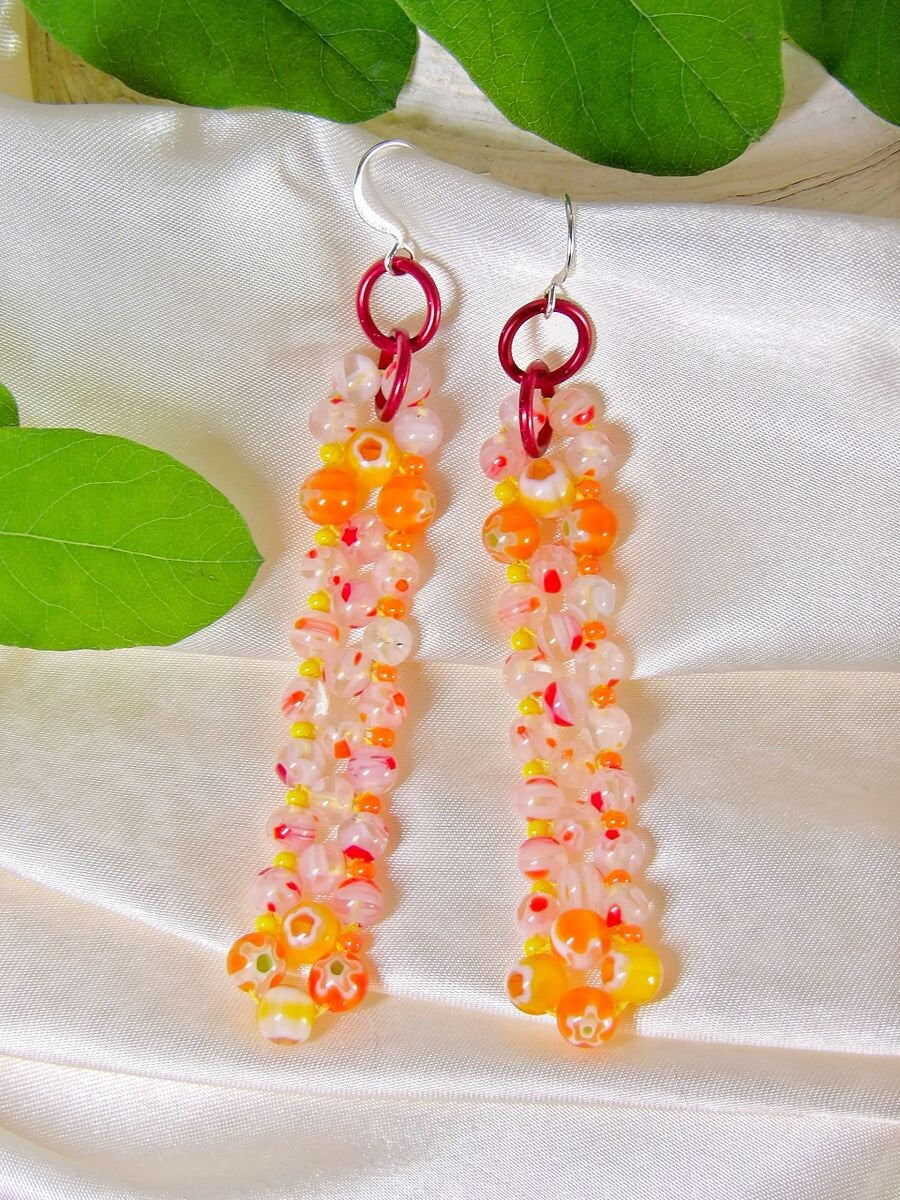 Boho Beaded Earrings With Orange Millefiori Glass Beads | Hippie Jewelry | Artisan Handmade Jewelry | Beadwork Hand Stitched | One Of A Kind
