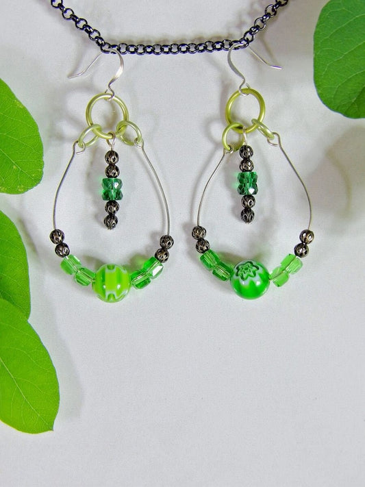 Boho Beaded Teardrop Earrings With Green Millefiori & Crystals | Beaded Hoop Earrings | Hippie Jewelry | Handmade Bohemian Jewelry