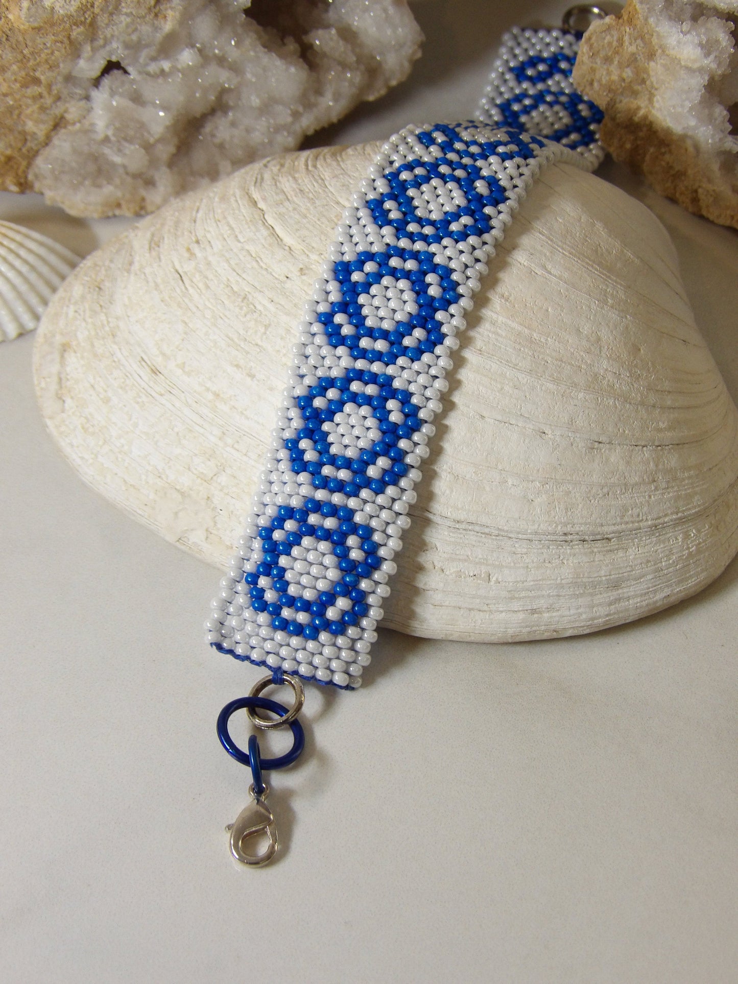 Boho Seed Bead Cuff Bracelet With Blue Folk Flowers | Handwoven Beadwork | Handmade Bohemian Jewelry | Artisan Jewelry Made In USA