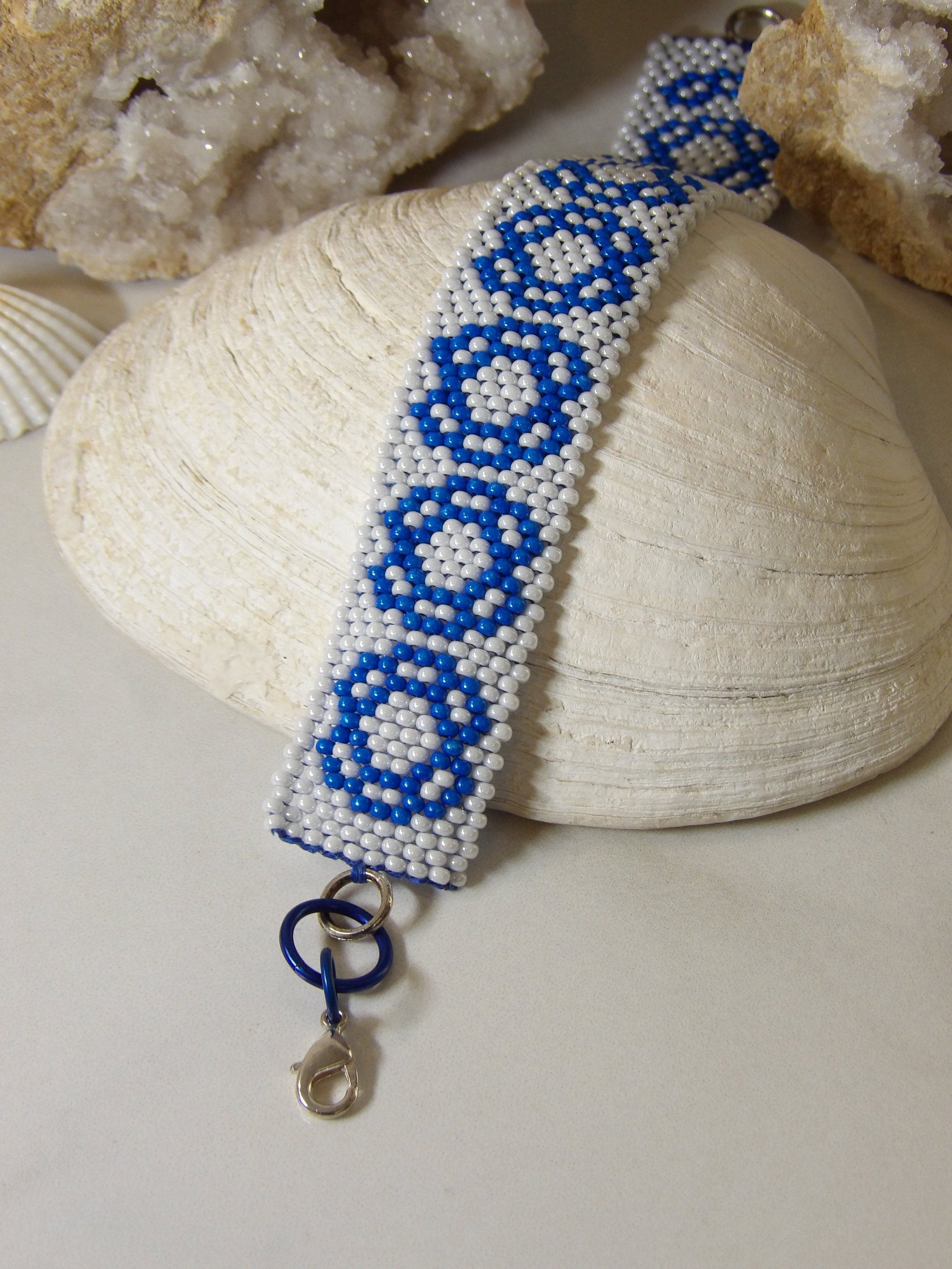Boho Seed Bead Cuff Bracelet With Blue Folk Flowers | Handwoven Beadwork | Handmade Bohemian Jewelry | Artisan Jewelry Made In USA