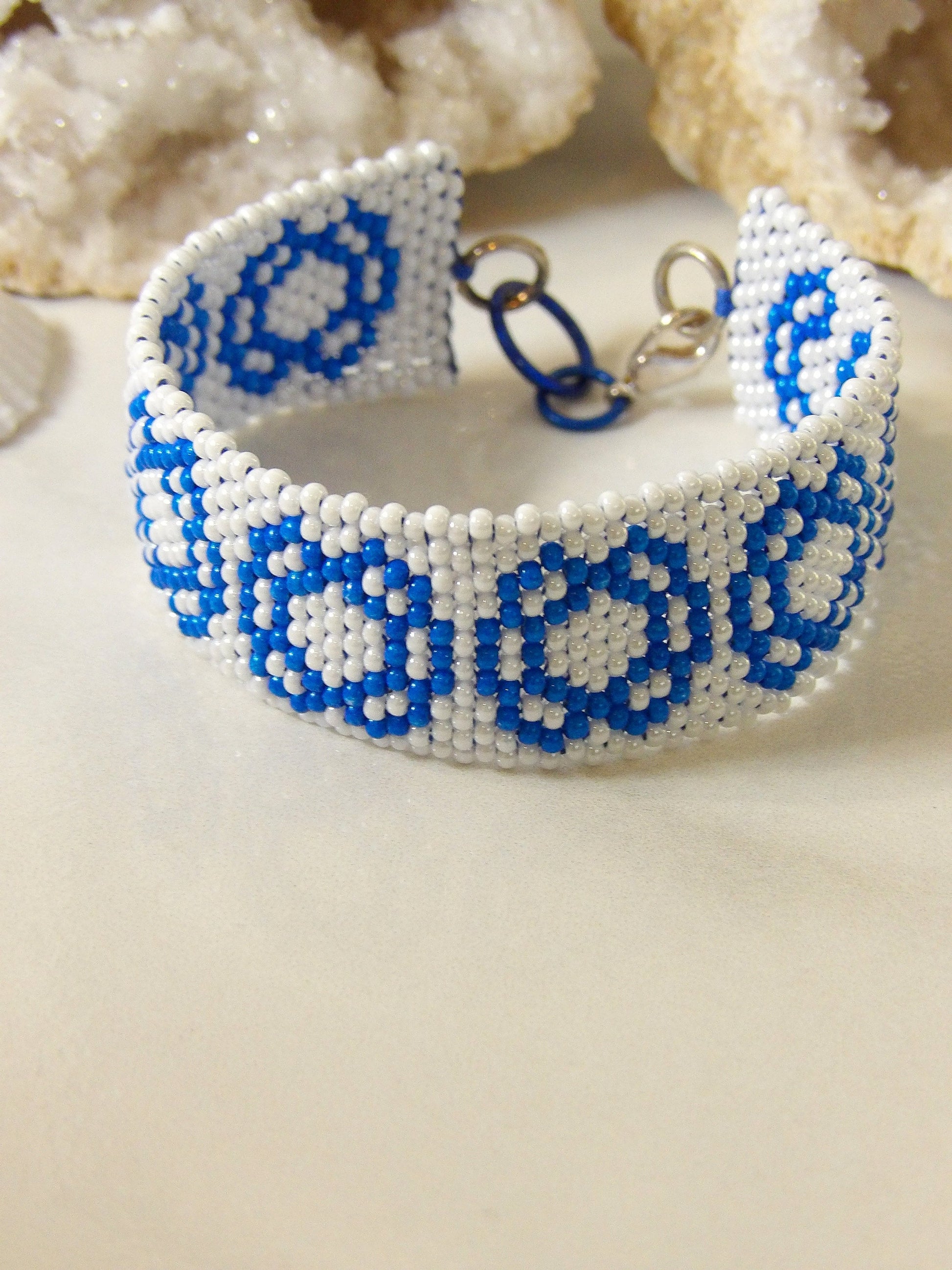 Boho Seed Bead Cuff Bracelet With Blue Folk Flowers | Handwoven Beadwork | Handmade Bohemian Jewelry | Artisan Jewelry Made In USA