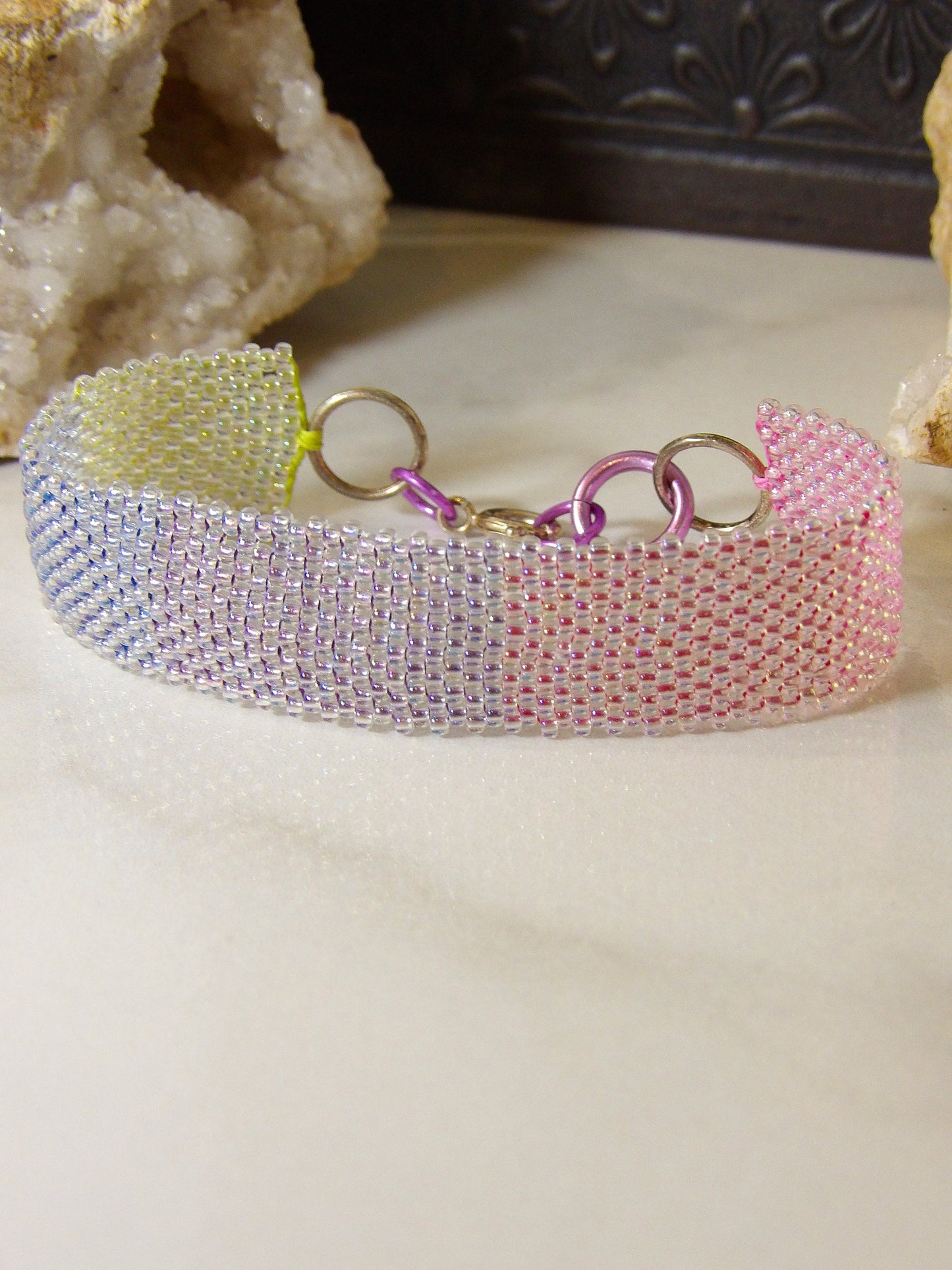 Boho Seed Bead Cuff Bracelet - Gradient Aurora Borealis | Handmade Bohemian Jewelry | Hippie Jewelry | Handwoven Beadwork Made In USA