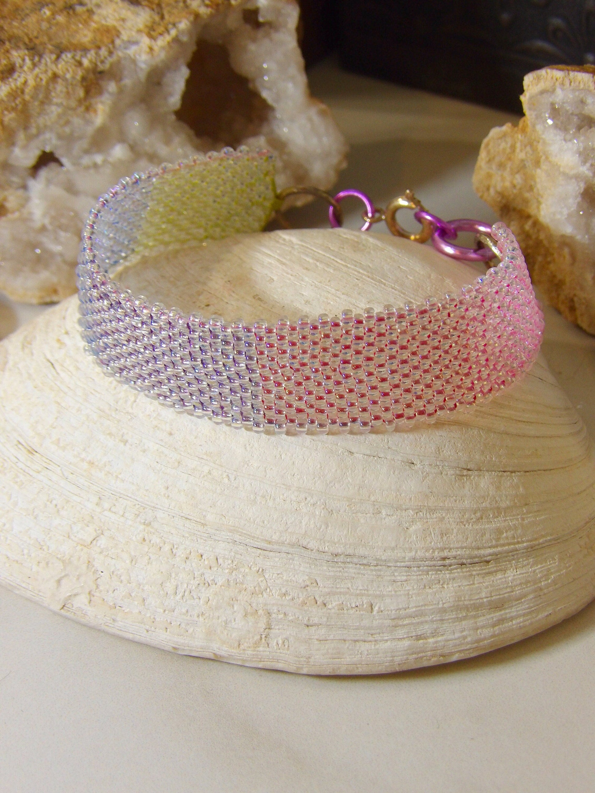 Boho Seed Bead Cuff Bracelet - Gradient Aurora Borealis | Handmade Bohemian Jewelry | Hippie Jewelry | Handwoven Beadwork Made In USA