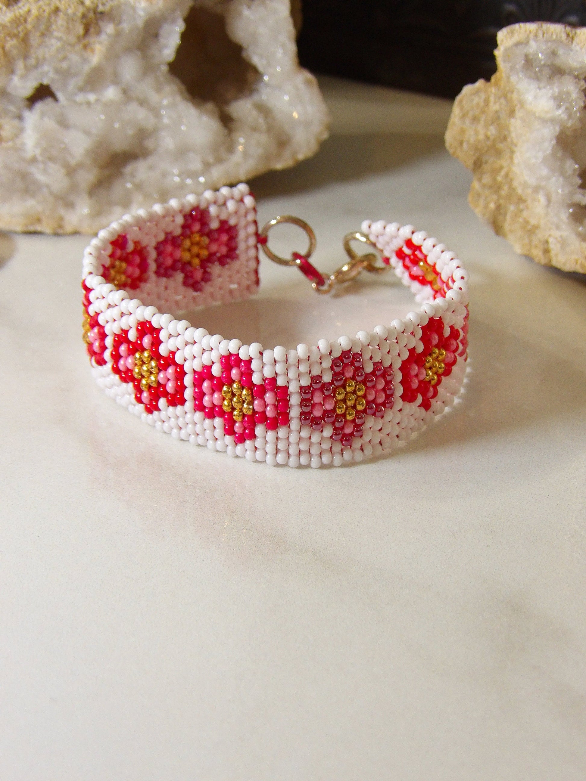 Boho Seed Bead Cuff Bracelet - Cross Flowers | Handmade Bohemian Jewelry | Hippie Jewelry | Handwoven Beadwork Made In USA
