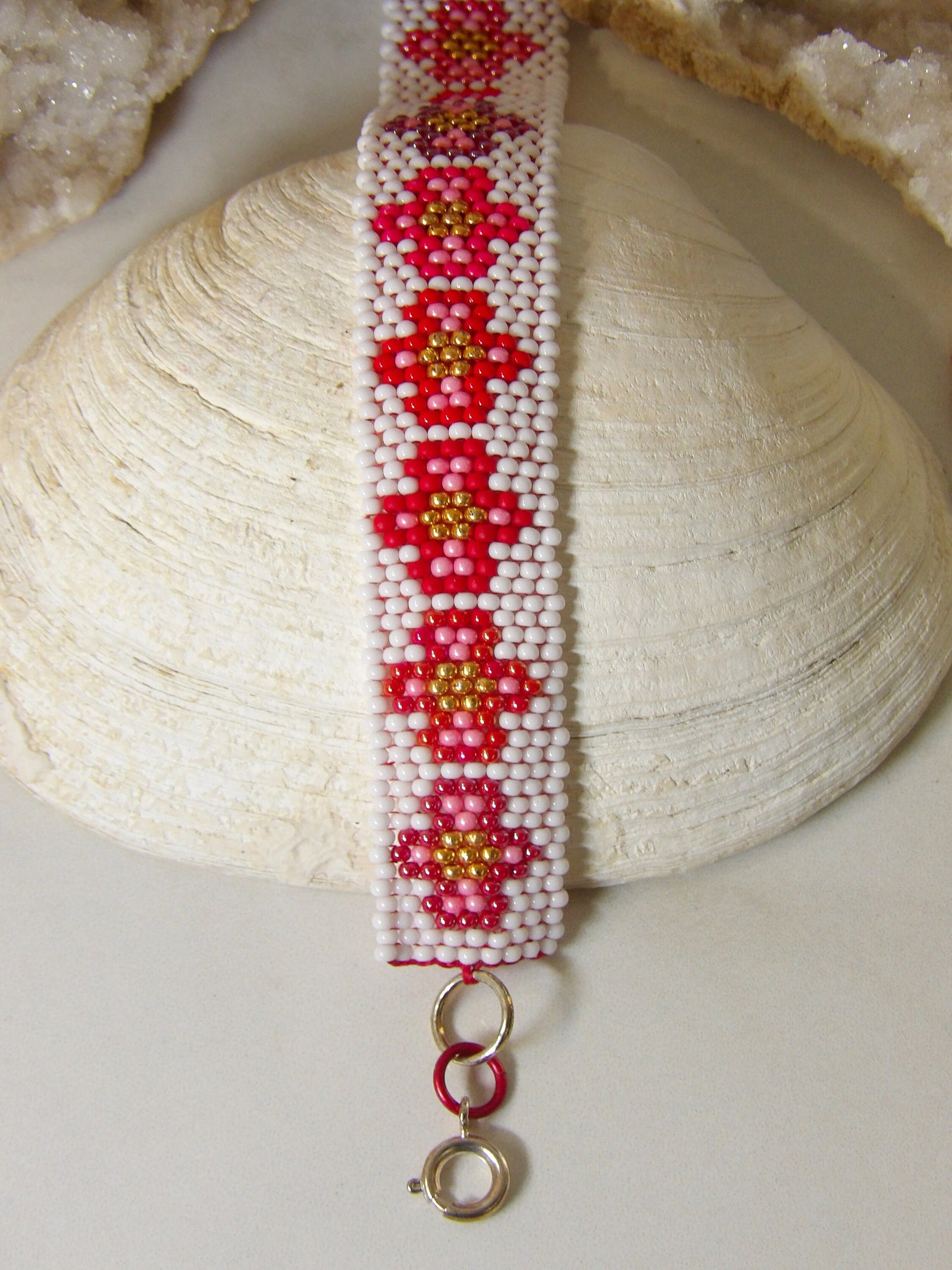 Boho Seed Bead Cuff Bracelet - Cross Flowers | Handmade Bohemian Jewelry | Hippie Jewelry | Handwoven Beadwork Made In USA