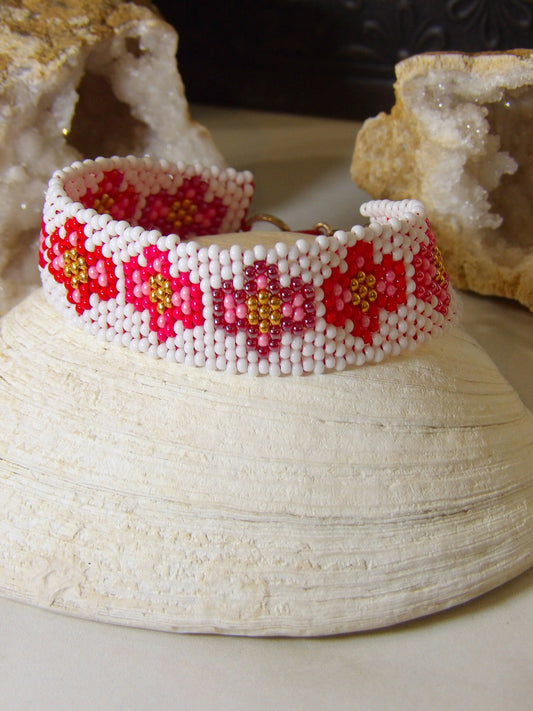 Boho Seed Bead Cuff Bracelet - Cross Flowers | Handmade Bohemian Jewelry | Hippie Jewelry | Handwoven Beadwork Made In USA