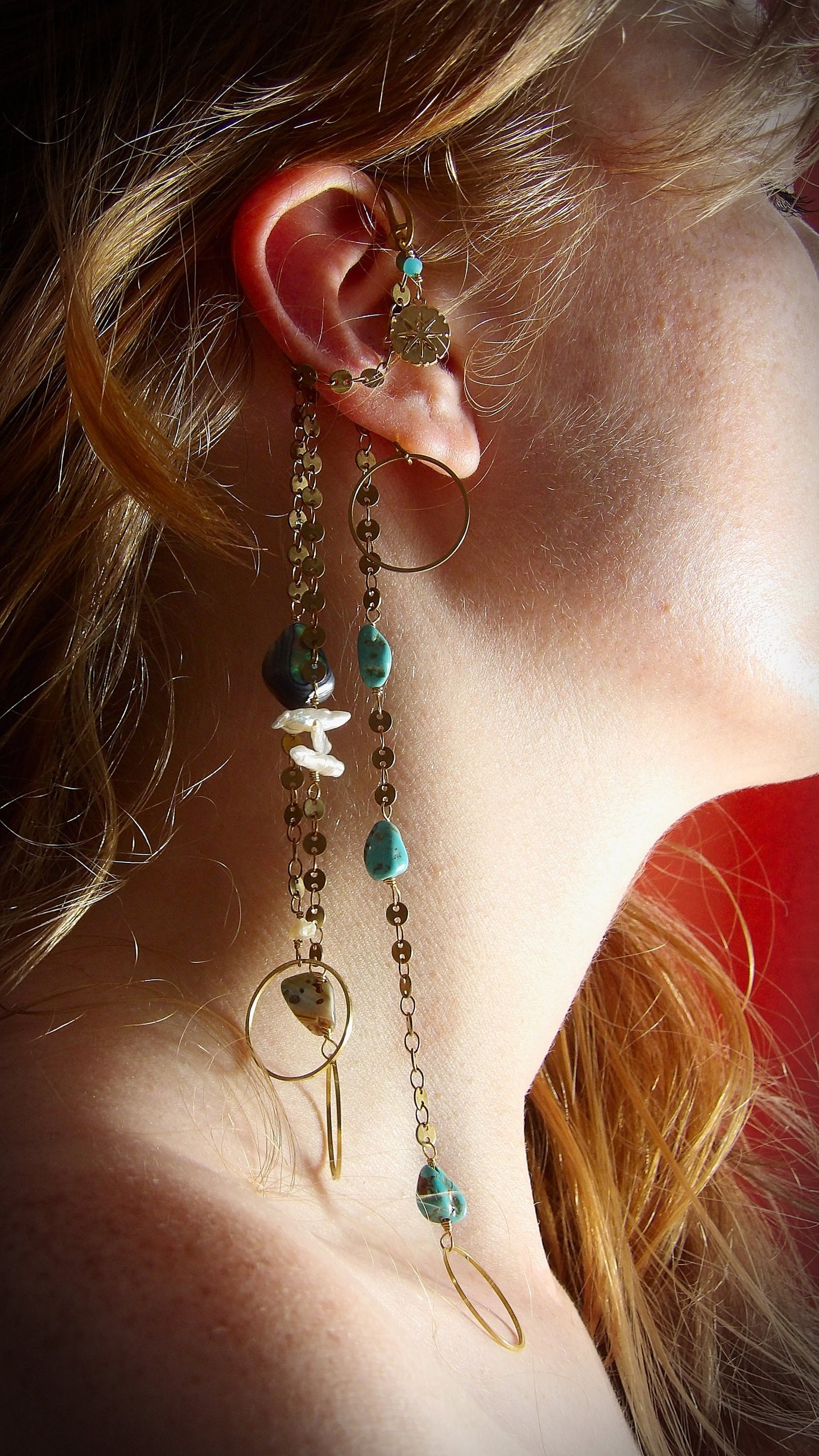 Ear Wrap With Turquoise, Pearl & Abalone | Hippie Jewelry | Sirencore Ear Cuff With Chains | Whimsigoth Bohemian Jewelry | Gift For Her