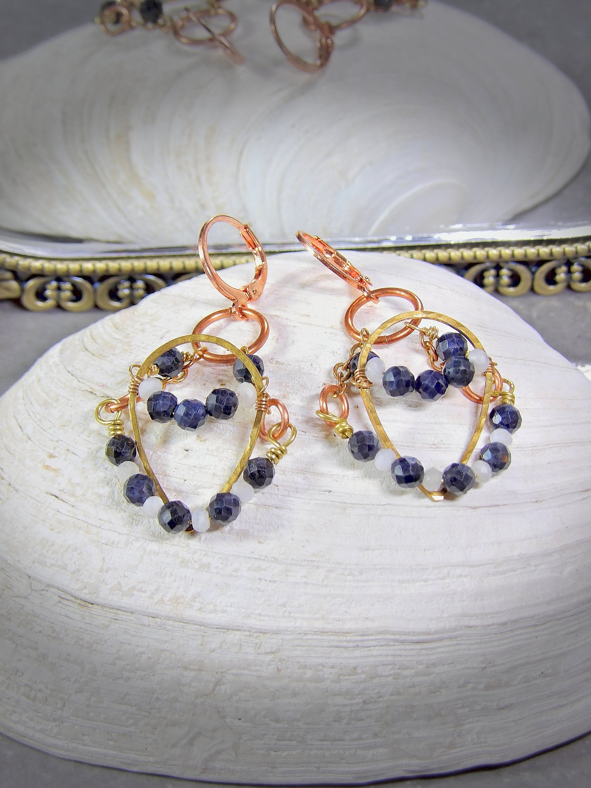 Hammered Brass Drop Earrings Ft. Natural Burma Sapphire & Moonstones | September Birthday | Boho Earrings | Artisan Gift | One Of A Kind